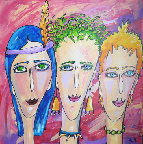 2013, stadtindianerin mit schwestern, 70x70